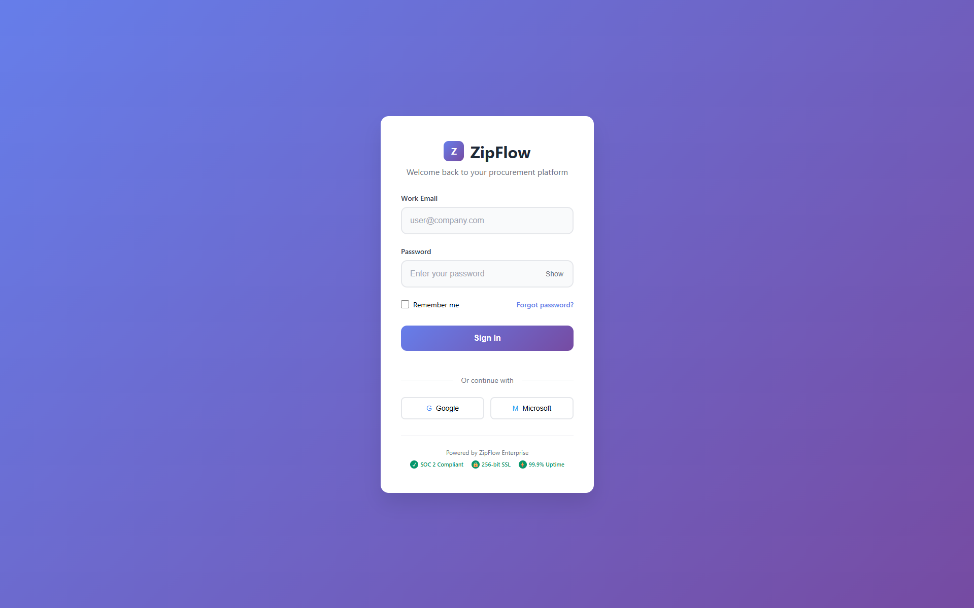 ZipFlow Login Screen